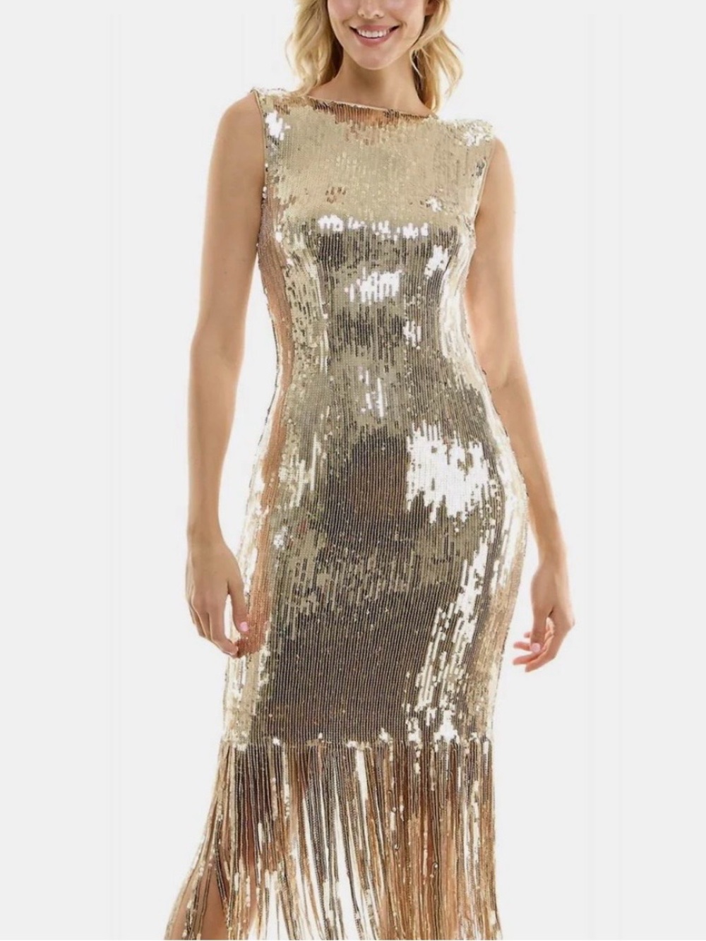 Nanette Lepore Gold Sequin Fringe Sheath Dress